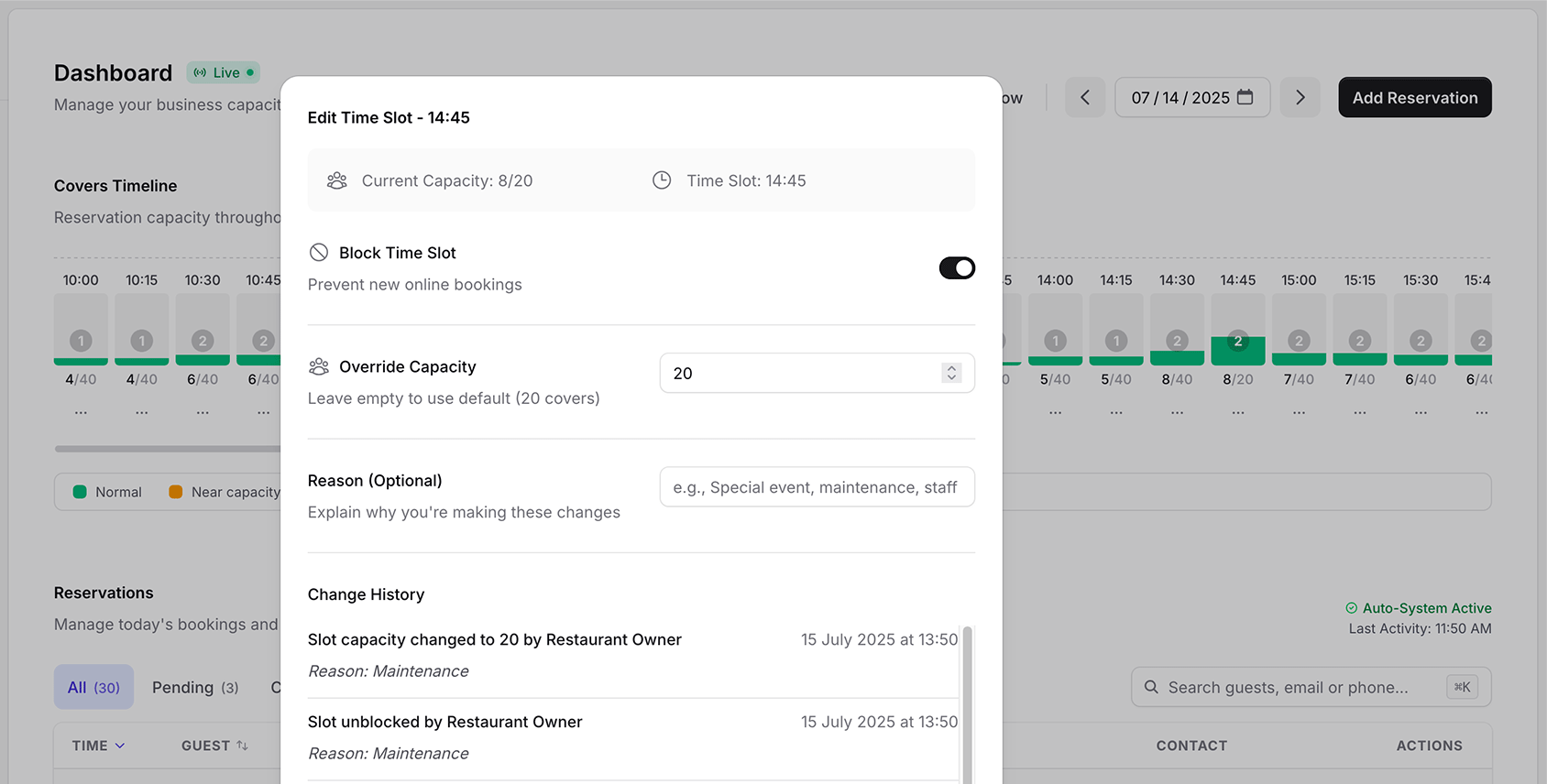 Capacity & Time Slot Control